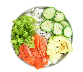 Tasty poke bowl on white background