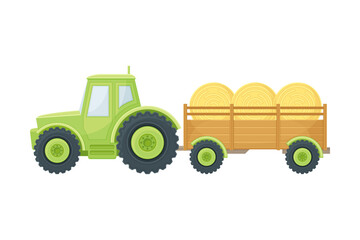 Tractor with trailer transporting hay, industrial vehicle agricultural transport flat vector illustration