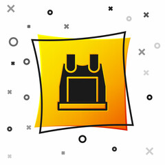 Black Bulletproof vest for protection from bullets icon isolated on white background. Body armor sign. Military clothing. Yellow square button. Vector