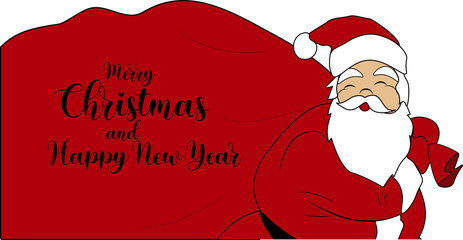 Cute happy Santa Claus with a huge bag on the run to delivery christmas gifts. Merry Christmas and happy new year text calligraphic lettering vector illustration for card, banner design.