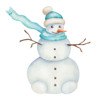 Watercolor illustration hand painted snowman with blue hat and scarf isolated on white. Cartoon clip art snow character for holiday celebration New Year, Christmas design postcard, greetings, fabric