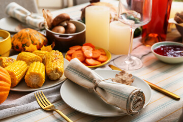 Beautiful table setting with different food, closeup