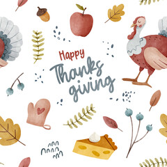 Happy Thanksgiving seamless pattern with holiday objects. Hand drawn illustration for design, fabric or wrapping paper.