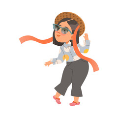 Lovely brunette little girl wearing fashionable outfit and sunglasses cartoon vector illustration