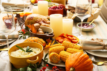 Traditional Thanksgiving food on served table