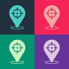 Pop art Target financial goal concept icon isolated on color background. Symbolic goals achievement, success. Vector