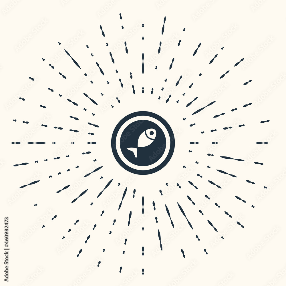 Poster grey served fish on a plate icon isolated on beige background. abstract circle random dots. vector