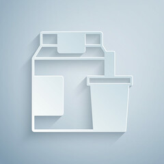Paper cut Online ordering and fast food delivery icon isolated on grey background. Paper art style. Vector