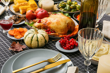 Table setting and traditional Thanksgiving food on served table