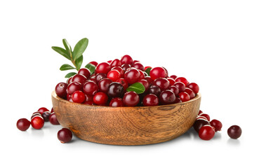 Bowl of ripe cranberries on white background