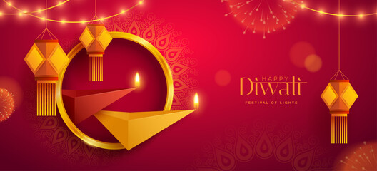Happy Diwali. Polygonal Indian Diya oil lamp design with round border frame on Indian festive theme big banner background. The Festival of Lights.