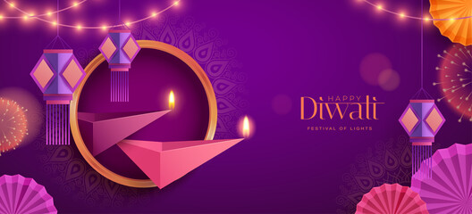 Happy Diwali. Polygonal Indian Diya oil lamp design with round border frame on Indian festive theme big banner background. The Festival of Lights. © ori-artiste