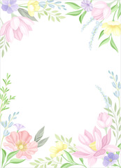 Fototapeta na wymiar Card template with floral frame. Wedding invitation, postcard, poster, flyer with flowers in pastel colors vector illustration