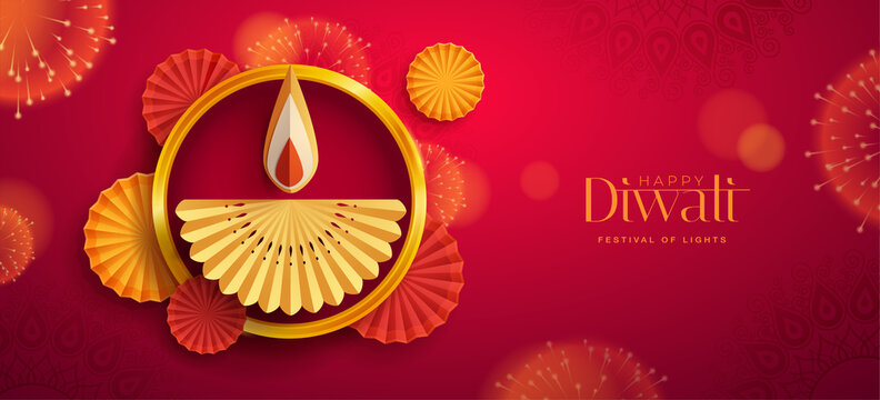 Happy Diwali. Paper graphic of Indian Diya oil lamp design with round border frame on Indian festive theme big banner background. The Festival of Lights.