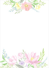 Fototapeta na wymiar Card template with flowers in pastel colors. Wedding invitation, postcard, banner, poster with floral design abd space for text vector illustration
