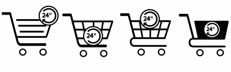 Logo 24 hours 7 days with silhouette of shopping cart with lines in white background 