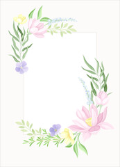Card template with floral frame in pastel colors. Wedding invitation, postcard, poster, flyer with flowers vector illustration