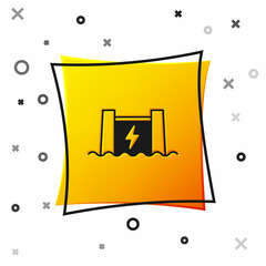 Black Hydroelectric dam icon isolated on white background. Water energy plant. Hydropower. Hydroelectricity. Yellow square button. Vector