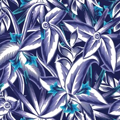 dark blue abstract leaf monochromatic color style tropical seamless pattern fashionable on dark background with flowers plant drawing. exotic summer. tropical backdrop. exotic tropics