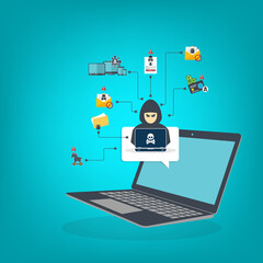 Hacker with laptop computer stealing confidential data, personal information and credit card detail. Hacking concept.	
