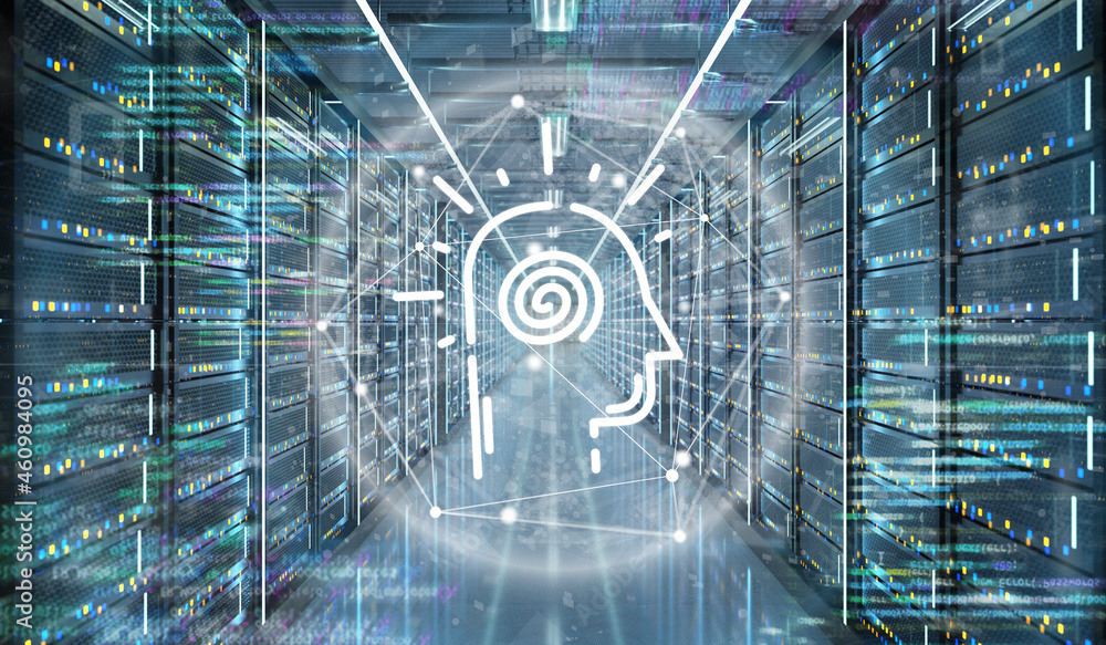 Poster artificial intelligence icon in a server room data center - 3d rendering