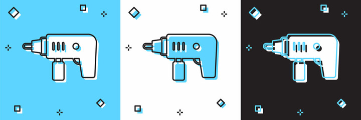 Set Electric drill machine icon isolated on blue and white, black background. Repair tool. Vector