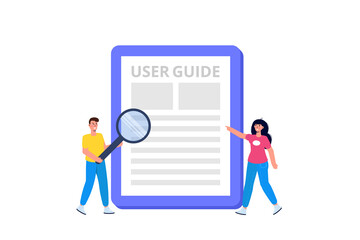 User manual  flat style concept. People with guide instruction are discussing about content of handbook. Vector illustration.