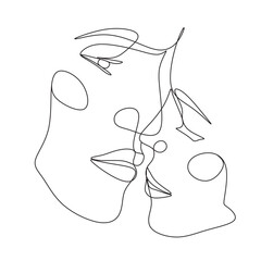 One Line Art Couple, Line Art Men and woman, Minimal Face Vector.  Couple print, Kiss print, Valentines Day Illustration. Love poster. 2 faces. We are one line. 
