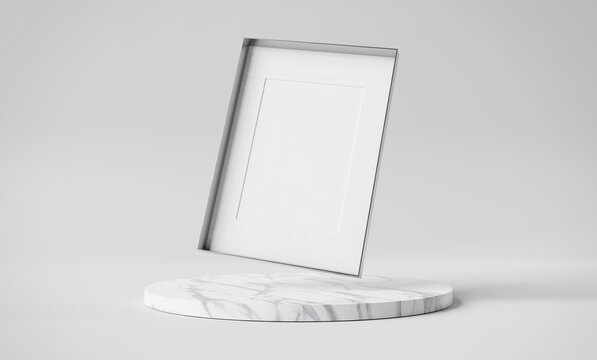 Blank Metal Photo Frame Mockup Floating Over Marble Podium Display. Picture Framing On Pedestal Platform 3d Rendering