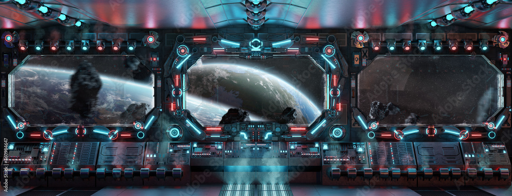 Poster Dark spaceship interior with glowing blue and red lights. Futuristic spacecraft with large window view on planets in space. 3D rendering