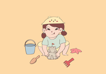 Cute little girl building sandcastle, hand drawn style illustration