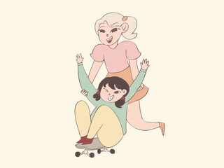 Two girl playing skateboard together, hand drawn style illustration
