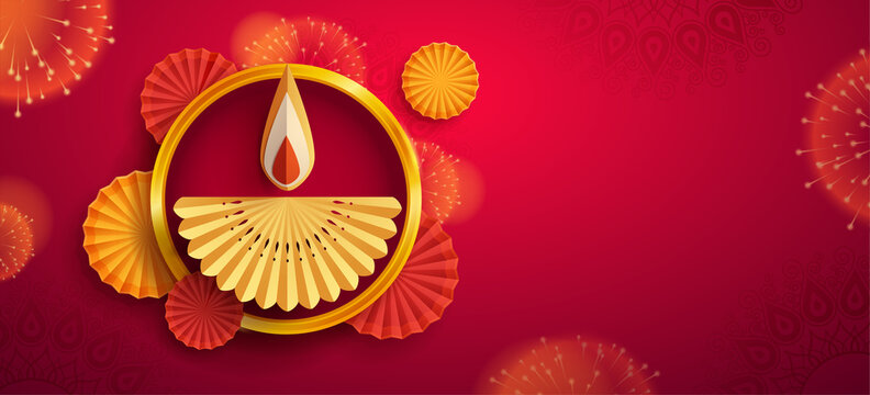 Paper graphic of Indian Diya oil lamp design with round border frame on Indian festive theme big banner background. The Festival of Lights.