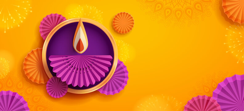 Paper graphic of Indian Diya oil lamp design with round border frame on Indian festive theme big banner background. The Festival of Lights.