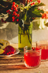 Glass glasses with red liquid stand on a wooden table, next to red berries, a cut apple and glass...