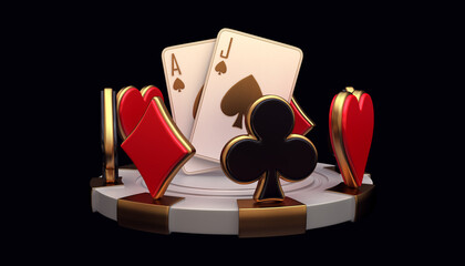 casino cards poker blackjack baccarat  Black And Red Ace Symbols With Golden Metal 3d render 3d rendering illustration  - obrazy, fototapety, plakaty