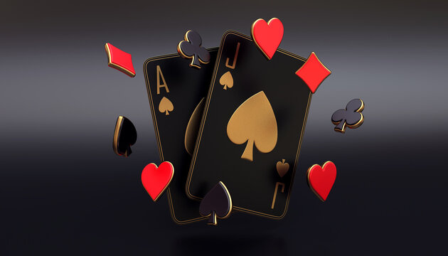 casino cards poker blackjack baccarat  Black And Red Ace Symbols With Golden Metal 3d render 3d rendering illustration 