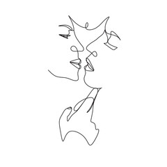 One Line Art Couple, Line Art Men and woman, Minimal Face Vector.  Couple print, Kiss print, Valentines Day Illustration. Love poster. 2 faces. We are one line.