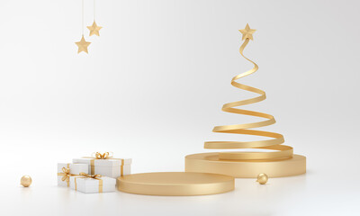 Podium Golden christmas tree and gifts on white studio background. Merry christmas.