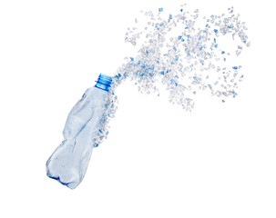 Top view of blue plastic bottle with PET bottle  transparent flakes around in white background....