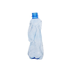 Top view of blue plastic bottle with PET bottle  transparent flakes around in white background. Plastic pollution recycle and World Environment Day concept.