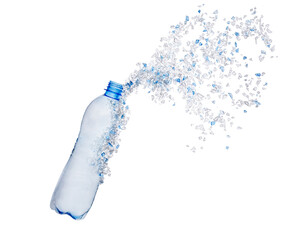 Top view of blue plastic bottle with PET bottle  transparent flakes around in white background....