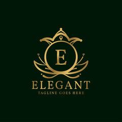 letter E elegant leaves and crown crest vector logo design