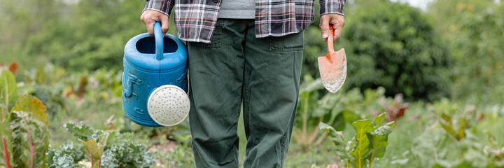 Female gardener concept a gardener holding the blue watering can and metal shovel standing among...