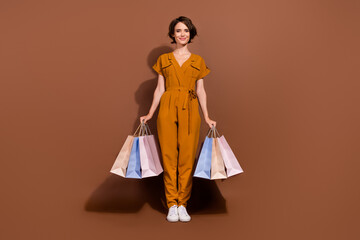 Fototapeta premium Photo of pretty sweet young lady wear casual clothes holding bargains smiling isolated brown color background