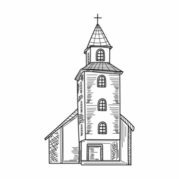 Drawing, engraving, ink, line art, vector illustration architecture church religion concept sketch in silhouette on a white background.