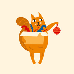 Domestic funny cat with decoration box. Christmas, New Year holiday. Vector illustration isolated on background.
