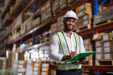 Portrait of an African warehouse manager holding a clipboard checking inventory in a large...