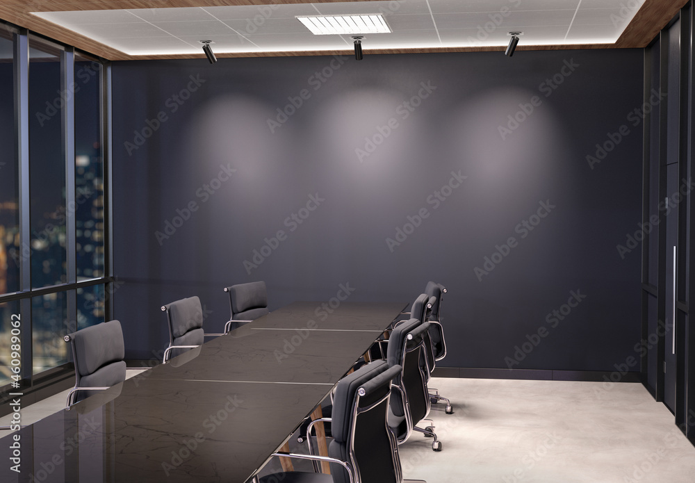 Poster blank wall mockup in dark modern office with windows and spotlights. empty company meeting room 3d r