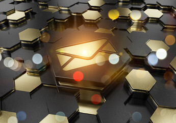 Email icon concept engraved on hexagonal pedestral background. Mail Logo glowing on abstract digital surface. 3d rendering